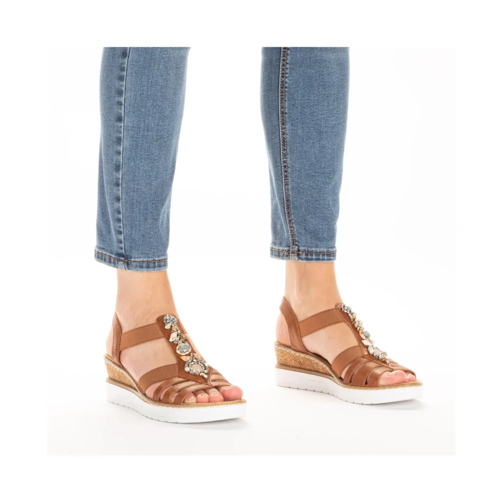 Clearance Rieker Damskie Sandaly Na Koturnie W Kolorze Karmelowo-Brazowo-Bialym