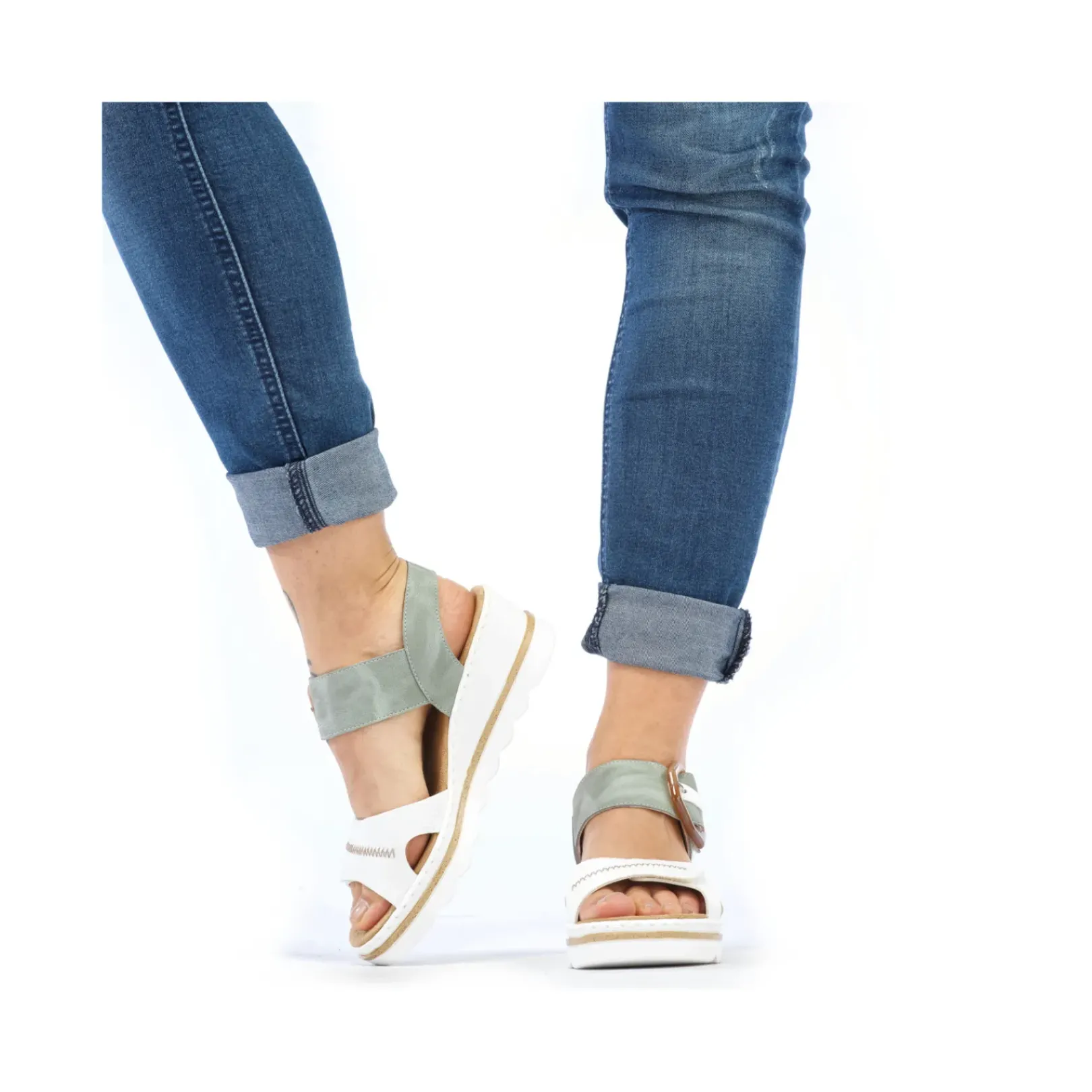 Fashion Rieker Sandaly Damskie Na Koturnie W Kolorze Mietowo-Liliowo-Bialym