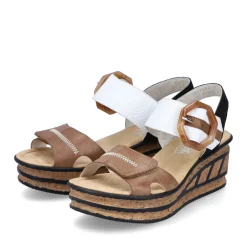 Discount Rieker Sandaly Damskie Na Koturnie W Kolorze Brazowo-Bezowo-Bialym