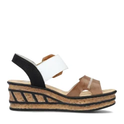 Discount Rieker Sandaly Damskie Na Koturnie W Kolorze Brazowo-Bezowo-Bialym