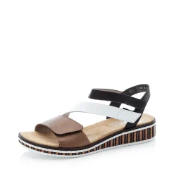 Sale Rieker Sandaly Damskie Na Koturnie Nugat Brazowo-Czarno-Biale
