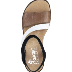 Sale Rieker Sandaly Damskie Na Koturnie Nugat Brazowo-Czarno-Biale